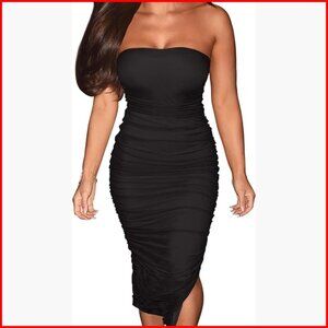 Strapless Mesh Bodycon Midi Dress with Ruched Split for Party